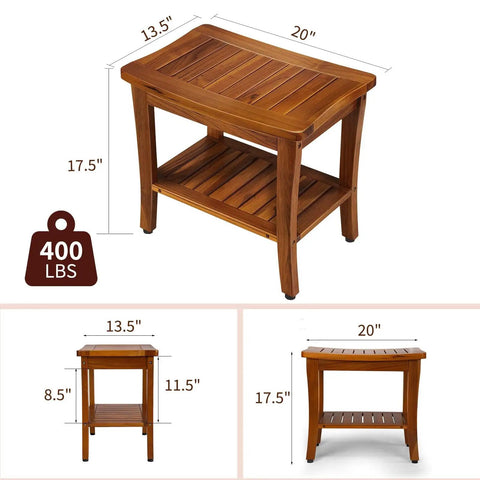 20 Inch Teak Shower Bench Waterproof Wooden Chair For Indoor Use With Shelf Non Slip Bath Stool For Bathroom Durable Shower Bench For Elderly Easy Assembly Heavy Duty Support Up To 400 Lbs.