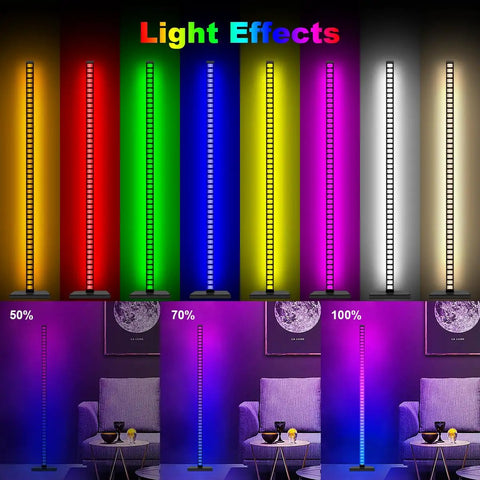 Lit RGBICWW Floor Lamp With App And Voice Control, Music Sync shown in various colors and brightness settings in a room.