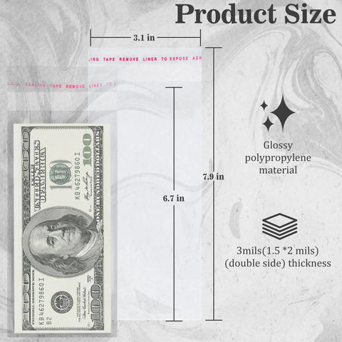 Clear Self Sealing Cellophane Money Bags Pack Of 100 For Currency Cash, 3 mil thick, size 3.1 x 7.9 inches, shown with dollar bill