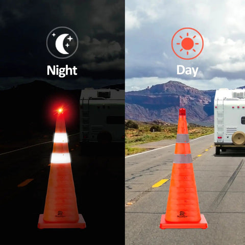 28 Inch Collapsible Traffic Cones Two Pack With LED Lights And Reflective Collar, Ultra Visible Orange Safety Cones for Day and Night Use