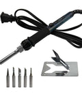 Soldering kit with 60W Adjustable Temperature Soldering Iron With Ceramic Heating Element, five tips, and stand.