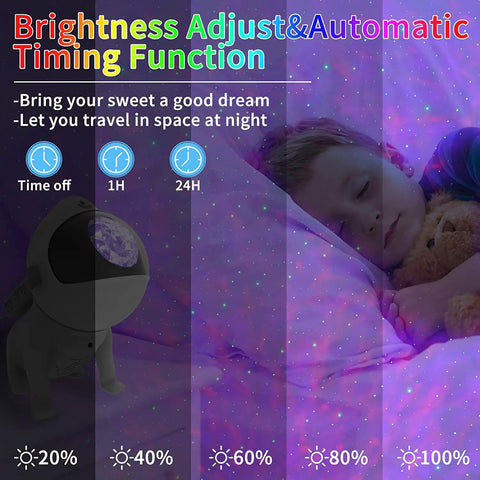 Galaxy Star Projector For Bedroom 2.0 with brightness and timing functions, child sleeping under projected stars.