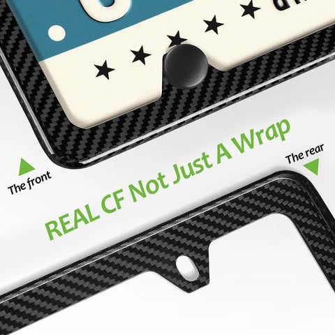 Legit Real Carbon Fiber License Plate Frame Glossy Black Auto Accessory showing front and rear views with twill weave detail.
