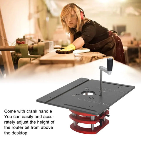 Rock Solid Manual Router Lift For Woodworking Benches Universal 64 To 66 Mm Router Base shown with crank handle for height adjustment.