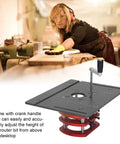 Premium Custom DIY Router Table Featuring Manual Lifting System and Hella Sturdy Stainless Steel Base Plate for Knockout Woodworking Precision displayed with a crank handle.