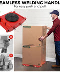 6 Ton Heavy Duty Moving Dolly With 360 Degree Rotating Anti Skid Pad For Industrial Equipment Carbon Steel Machine Skate With PU Wheels For Workshop Warehouse Transport, red handle