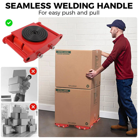 6 Ton Heavy Duty Moving Dolly With 360 Degree Rotating Anti Skid Pad For Industrial Equipment Carbon Steel Machine Skate With PU Wheels For Workshop Warehouse Transport, red handle