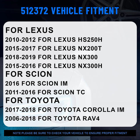 Fitment chart for 2-Piece Rear Wheel Bearing And Hub Assembly With ABS, Replaces OE 512372 for Lexus, Scion, Toyota models