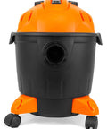 Front view of Portable Wet Dry Shop Vacuum And Blower 5 Gallon 10 Amp HEPA Zero Point Three Micron Filter, orange unit on wheels.