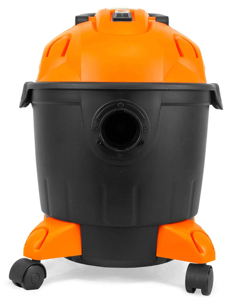 Front view of Portable Wet Dry Shop Vacuum And Blower 5 Gallon 10 Amp HEPA Zero Point Three Micron Filter, orange unit on wheels.