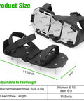Preassembled Lawn Aerator Shoes for Grass Easy Fit With Adjustable Straps For Women And Men Durable Aluminum Base No Slip Yard Aerator Tool For Patio Garden And Lawn Care, showing size and straps.