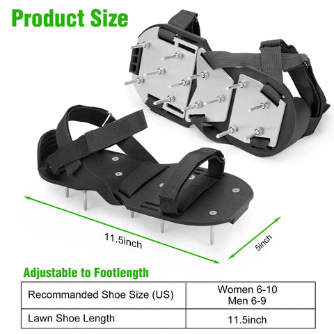 Preassembled Lawn Aerator Shoes for Grass Easy Fit With Adjustable Straps For Women And Men Durable Aluminum Base No Slip Yard Aerator Tool For Patio Garden And Lawn Care, showing size and straps.