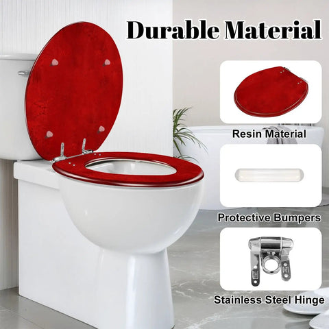 Round Bright maroon deep red colored cracked effect wall Toilet Seat featuring resin construction and stainless steel hinge.