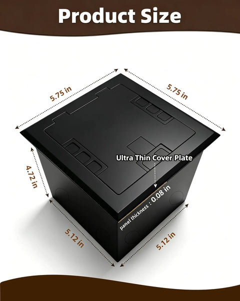 Slick Flush Mount Recessed Floor Outlet Box With Flat Hidden Socket Kit Featuring Top Shield Tamper Proof Receptacles Pd Type C Ethernet Ports And Quick Charge Gear size measurements showing 5.75 in dimensions.