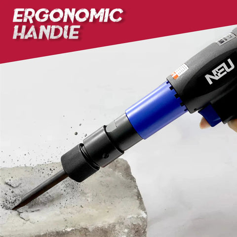 Air Hammer Chisel Kit With 4 Chisels And Quick Change Retainer in use, 2200 BPM, 250mm barrel, front exhaust shown chipping concrete