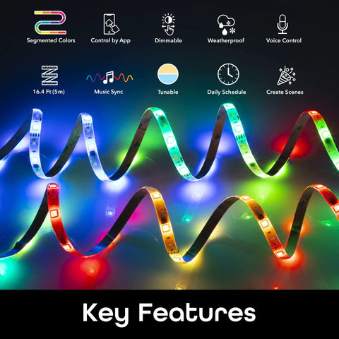 Smart LED Strip Lights RGBIC Neon Color Changing With WiFi App Control And Music Sync, 16.4 feet showing color features