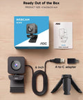 Crisp 4K Webcam Featuring Sony IMX363 Sensor And Breezy 60 FPS Streaming For PC Gaming And Home Office Use With Quick Phase Detection Auto Focus To Keep Your Video Clean During Livestreams Or Remote Calls Without Pixelation Draining Your Vibe, showing the camera, box, and accessories.