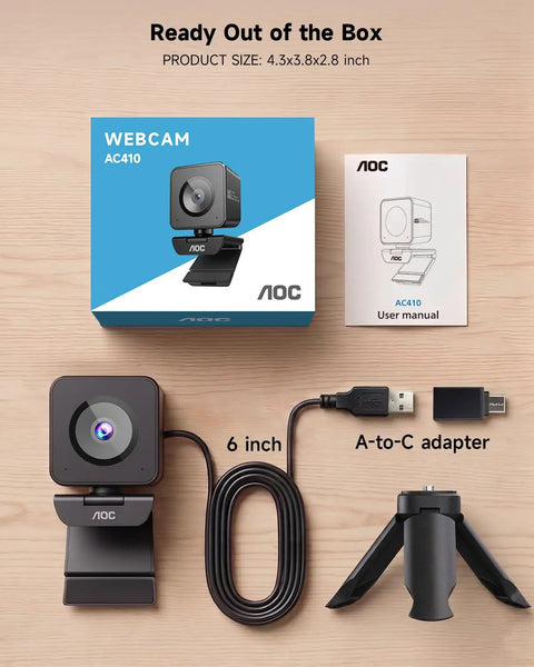 Crisp 4K Webcam Featuring Sony IMX363 Sensor And Breezy 60 FPS Streaming For PC Gaming And Home Office Use With Quick Phase Detection Auto Focus To Keep Your Video Clean During Livestreams Or Remote Calls Without Pixelation Draining Your Vibe, showing the camera, box, and accessories.