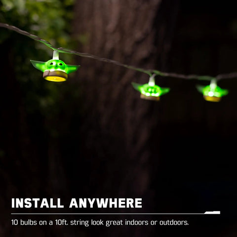 Baby Yoda String Lights The Mandalorian Grogu 10 LED Indoor Outdoor 10 Foot 5000K Cool White Glow Collector Edition in tree