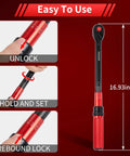 Half Inch Drive Click Torque Wrench For Bike Maintenance Dual Direction 10 To 170 Ft Lb And 13.6 To 230.5 Nm With 72 Tooth Precision Dual Range Scales And Three Percent Accuracy For Gearhead Bike Pros showing unlocking and locking mechanism with red and black handle.