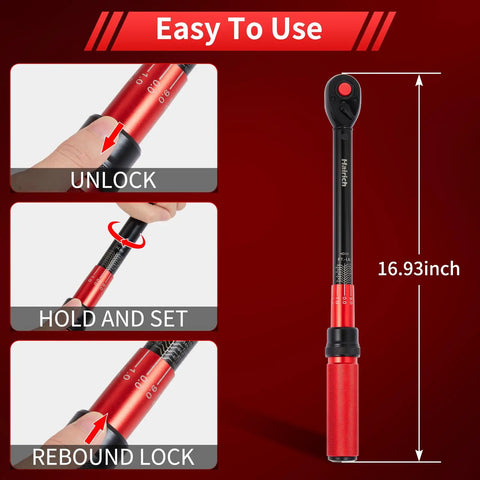 Half Inch Drive Click Torque Wrench For Bike Maintenance Dual Direction 10 To 170 Ft Lb And 13.6 To 230.5 Nm With 72 Tooth Precision Dual Range Scales And Three Percent Accuracy For Gearhead Bike Pros showing unlocking and locking mechanism with red and black handle.