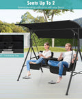 Two Person Outdoor Porch Swing With Canopy, Storage Table, Cooler Bag, And Cup Holders, Cozy Removable Cushions, Black, in garden