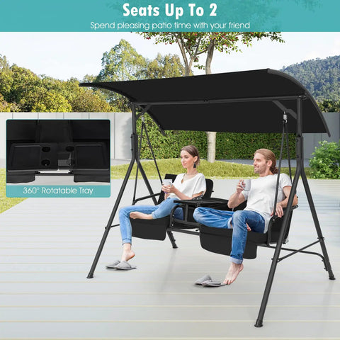 Two Person Outdoor Porch Swing With Canopy, Storage Table, Cooler Bag, And Cup Holders, Cozy Removable Cushions, Black, in garden