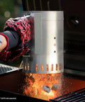 Chimney Style Charcoal Grill Starter With Quick Release Trigger for fast coals lighting 12 inch in use over BBQ grill