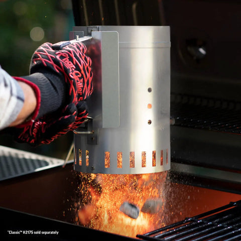 Chimney Style Charcoal Grill Starter With Quick Release Trigger for fast coals lighting 12 inch in use over BBQ grill
