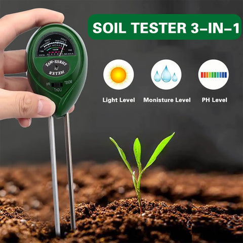 Hand holding Three In One Soil Tester With Moisture, Light And PH Meter For Gardening And Lawn Care, testing soil next to seedling.