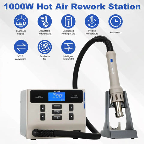 1000W Lead Free Hot Air Soldering Station With Digital Display And Auto Sleep on stand, showing main unit and handle