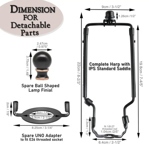 Adjustable 7 To 10 Inch Lamp Harp Kit For Standard Lamp Rod And E26 Base All In One Fitter Heavy Duty Harp With Finial Black Finish Includes Two Shade Finials Easy Install DIY Friendly For Spider Lamp Shades with dimensions