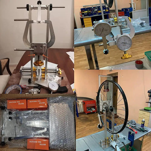 Beefy Wheel Truing Stand For Bicycle Adjustment And Rim Truing With Pro Grade And Adjustable Rim Width 50 To 200mm For MTB Road BMX And City Bikes Made From 7075 Aluminum Alloy Includes Roller Head And Three Test Tables For Brake Disc Alignment