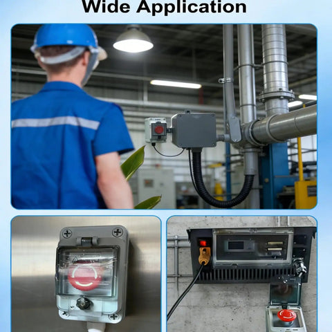 Emergency Stop Button With Weatherproof Box 660V 10A IP67 Red Mushroom Head E Stop Switch For Quick Rugged Power Shutdown Built For Tough Jobs In Harsh Industrial Environments