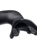 Close-up of hypoallergenic silicone mouthpiece on dual snorkel for scuba diving and freediving with camouflage soft PVC tube.