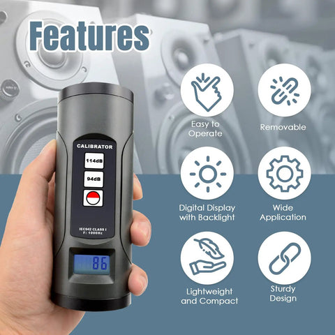 Easy Use Sound Level Calibrator For One Inch And One Half Inch Mics With LCD Display, showing features and digital screen reading 86.