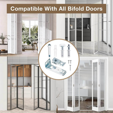 Folding Closet Door Hardware Repair Kit, Easy Install No Fuss Replacement Tool Set With Top And Bottom Brackets, Guide Wheel, Pivots, Pins And Screws, Compatible With Seven Eighths Inch To One Inch Door Tracks, Quick Restore For Old Bifold Doors in packaging with view of installed doors.