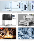 Electronic equipment collage showing CNC machines, 3D printer, laser systems, and automation gear.