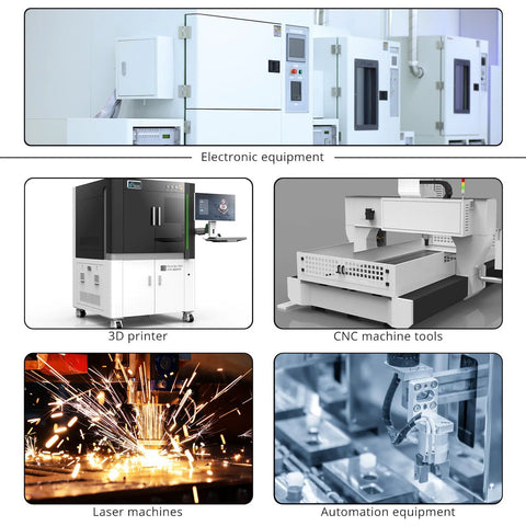 Electronic equipment collage showing CNC machines, 3D printer, laser systems, and automation gear.