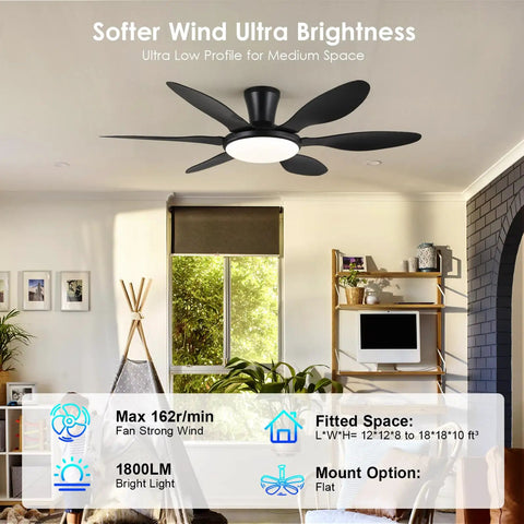 51 Inch Black Modern Ceiling Fan With Lights Remote App Control Quiet DC Motor Dimmable LED Reversible Low Profile Flush Mount 6 Blade Boss Level Breeze For Indoor Outdoor Patio installed in a living room