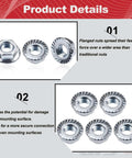 Kickass Heavy Duty 1/4-20 Serrated Flange Hex Nuts 304 Stainless Steel for car front grill, showing various angles and details.