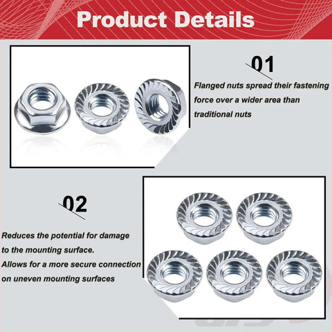 Kickass Heavy Duty 1/4-20 Serrated Flange Hex Nuts 304 Stainless Steel for car front grill, showing various angles and details.