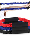 Three Pack Archery Bow Strength Trainer Bands Set With 30 Lbs 40 Lbs And 50 Lbs Resistance shown in use stretching blue band