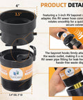 RV Sewer Hose Adapter Kit With 3 Inch Rotating Rigid Bayonet Adapter And Termination Fitting, Includes Male Thread And Hooks, 3 Inch Bayonet Hub Connector For Easy Waste Disposal On The Go. black ABS 3-inch RV sewer adapter with bayonet hooks and threaded end