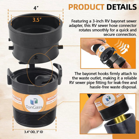 RV Sewer Hose Adapter Kit With 3 Inch Rotating Rigid Bayonet Adapter And Termination Fitting, Includes Male Thread And Hooks, 3 Inch Bayonet Hub Connector For Easy Waste Disposal On The Go. black ABS 3-inch RV sewer adapter with bayonet hooks and threaded end