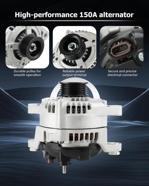 Beefed-Up 150 Amp Alternator Replacement showing pulley, power terminal, and connector for Santa Fe Sport 2.4L 2017-2018