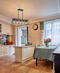 Farmhouse Five-Light Linear Pendant Chandelier for Dining Room and Kitchen Island in cozy kitchen setting