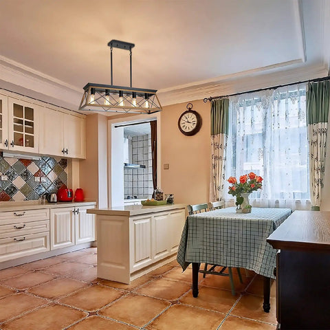Farmhouse Five-Light Linear Pendant Chandelier for Dining Room and Kitchen Island in cozy kitchen setting