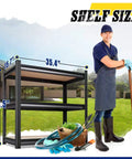 Beefy Heavy Duty Metal Garage Shelving Unit With Thick Steel Frame And MDF Shelves beside a gardener, shown with dimensions