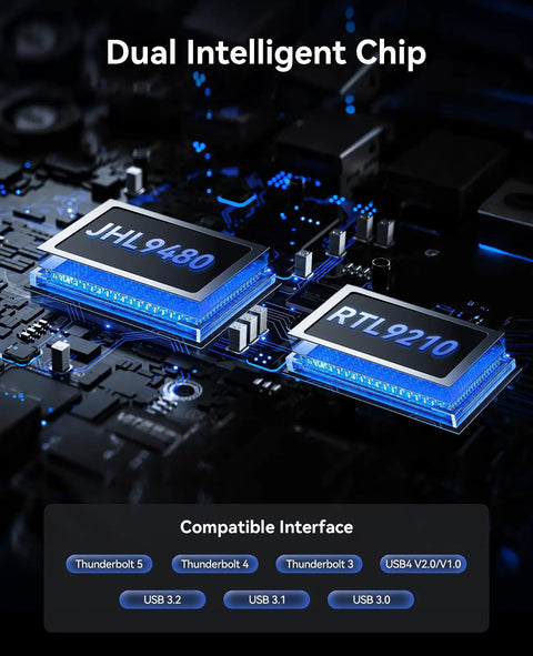 Dual intelligent chip design for Legit External M.2 NVMe SSD Adapter For PCIe 5.0 Drives With Blazing Speeds Up To 8TB.